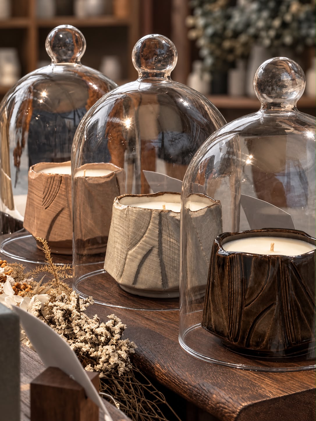 Three Mittsu Doru ceramic candles under glass domes on a wooden table
