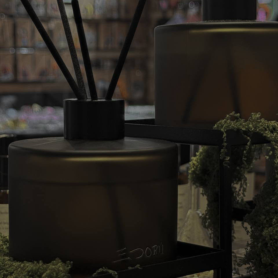 A dark brown reed diffuser with black reeds and a black metal stand, styled with green moss in a dimly lit, atmospheric setting.