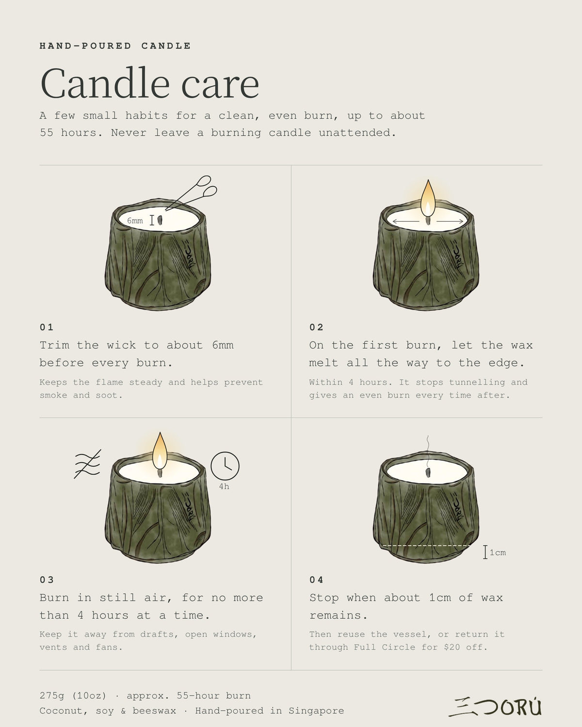 Candle care in four steps: trim the wick to 6mm, let the first burn melt to the edge, burn in still air for up to 4 hours, stop when 1cm of wax remains