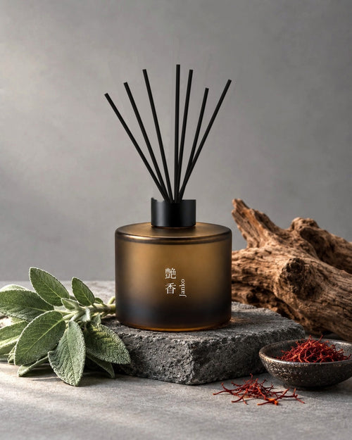 JANKO reed diffuser by Mittsu Doru styled with its scent notes – fresh sage, saffron threads and driftwood