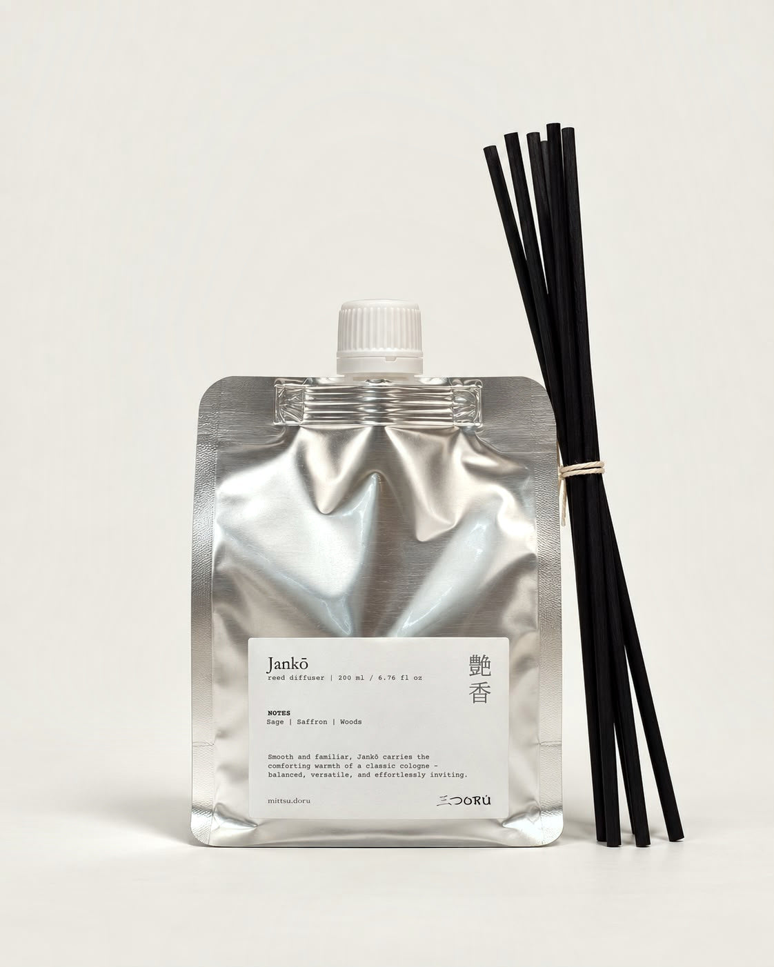 JANKO reed diffuser refill by Mittsu Doru – 200ml silver pouch with 7 black reeds