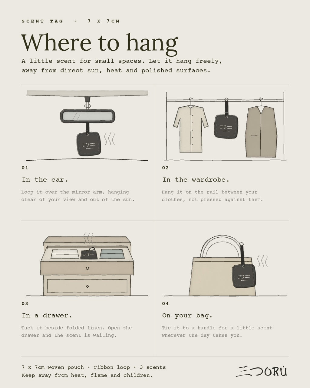 Where to hang a Mittsu Doru scent tag: in the car, in the wardrobe, in a drawer and on your bag